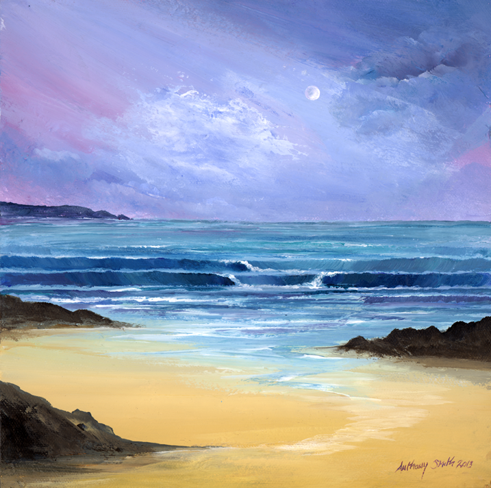 Painting of a beach scene with waves, sand, and a cloudy sky.