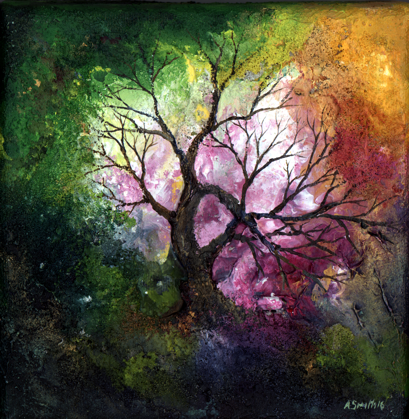 Colorful abstract painting of a tree with pink blossoms on a dark background