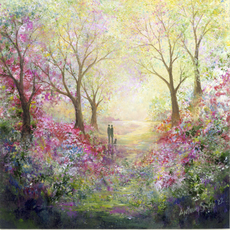 Painting of a couple walking through a colorful garden with blooming trees and flowers.