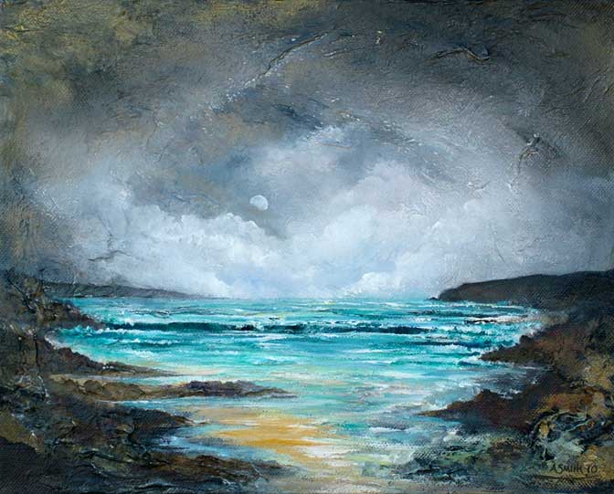Painting of a stormy sea with dark clouds and turbulent water.