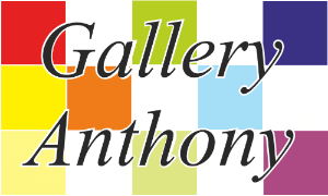 Logo of Gallery Anthony with colorful square blocks in the background