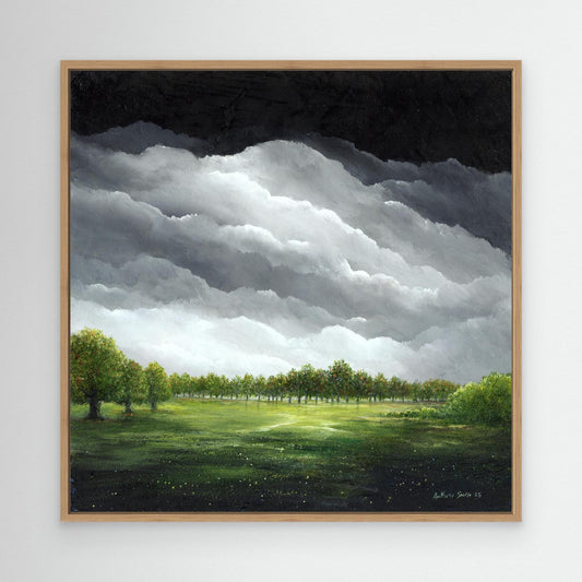 Orchard: Code: 1457 Dark sky, rolling clouds, apple orchard in the distance.
Light oak frame